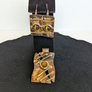 Vintage Artisan Set of Earrings & Pendant Copper Gold Finish Tiger Eye 2 Tone
